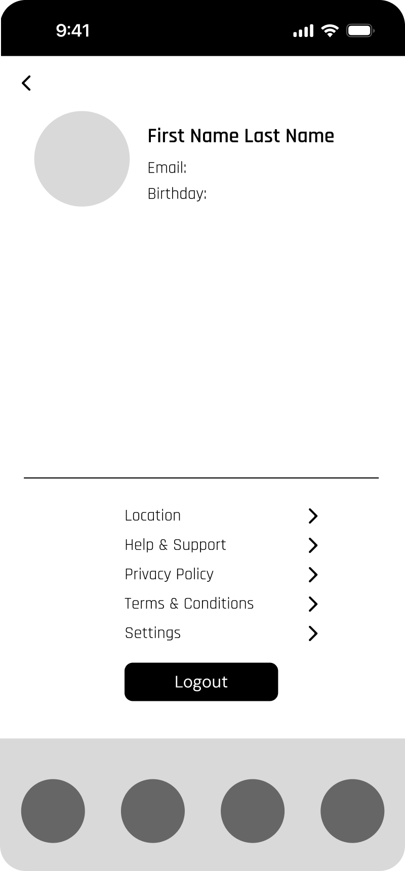 Profile page with identity details and grouped secondary links
