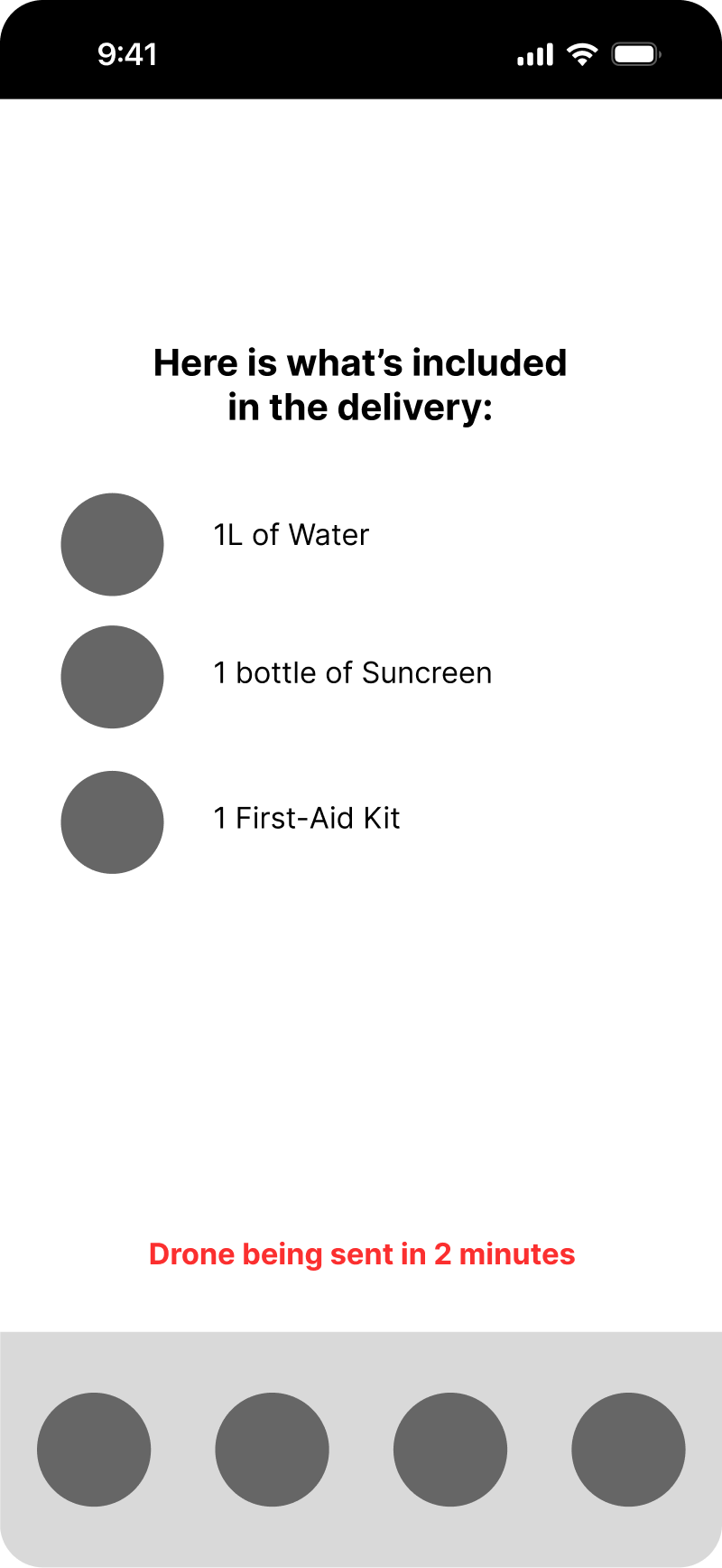 Delivery contents screen listing emergency supplies