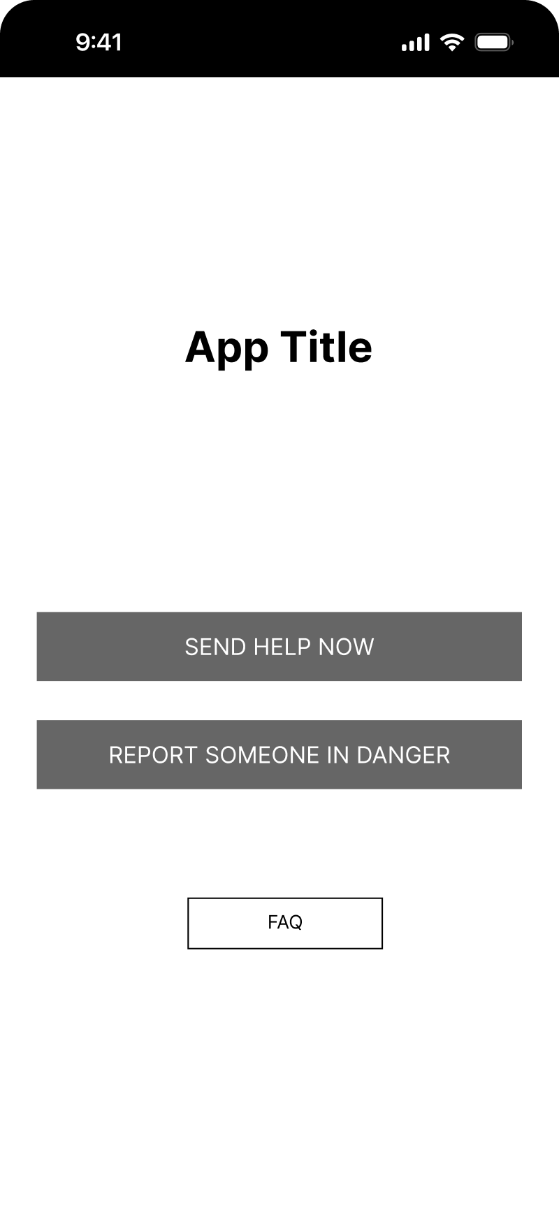 Initial wireframe start screen with primary emergency actions